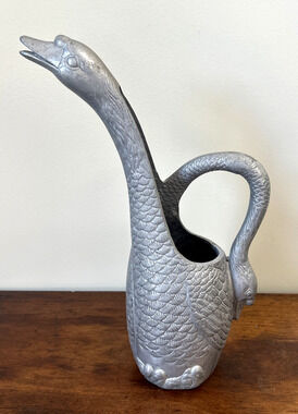 Vintage Arthur Court Swan Pitcher Ewer Nest Eggs Cast Aluminum USA 13" Tall